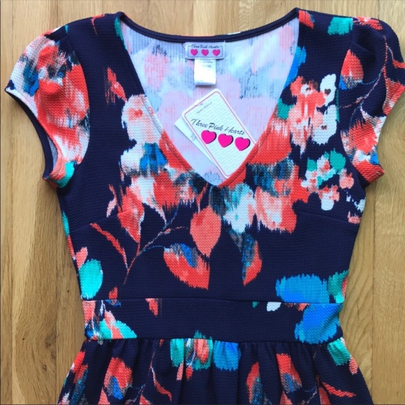 Floral v-neck navy blue baby doll spring dress - Picture 5 of 7